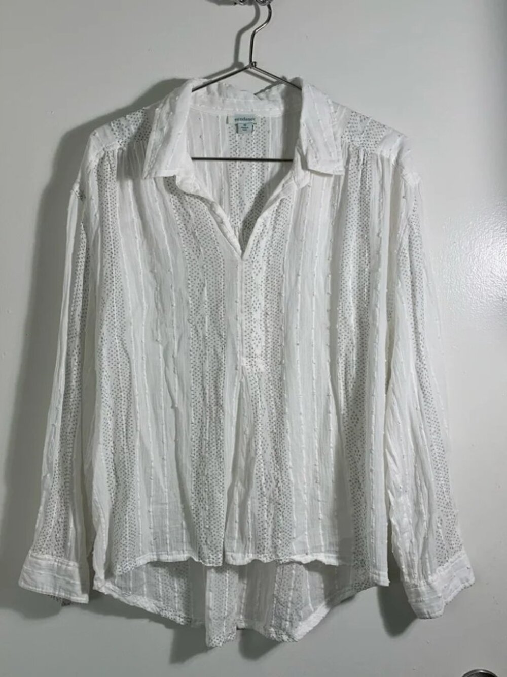 Sundance White, cotton gauze, Button-Up gray dot, long sleeve oversized shirt M